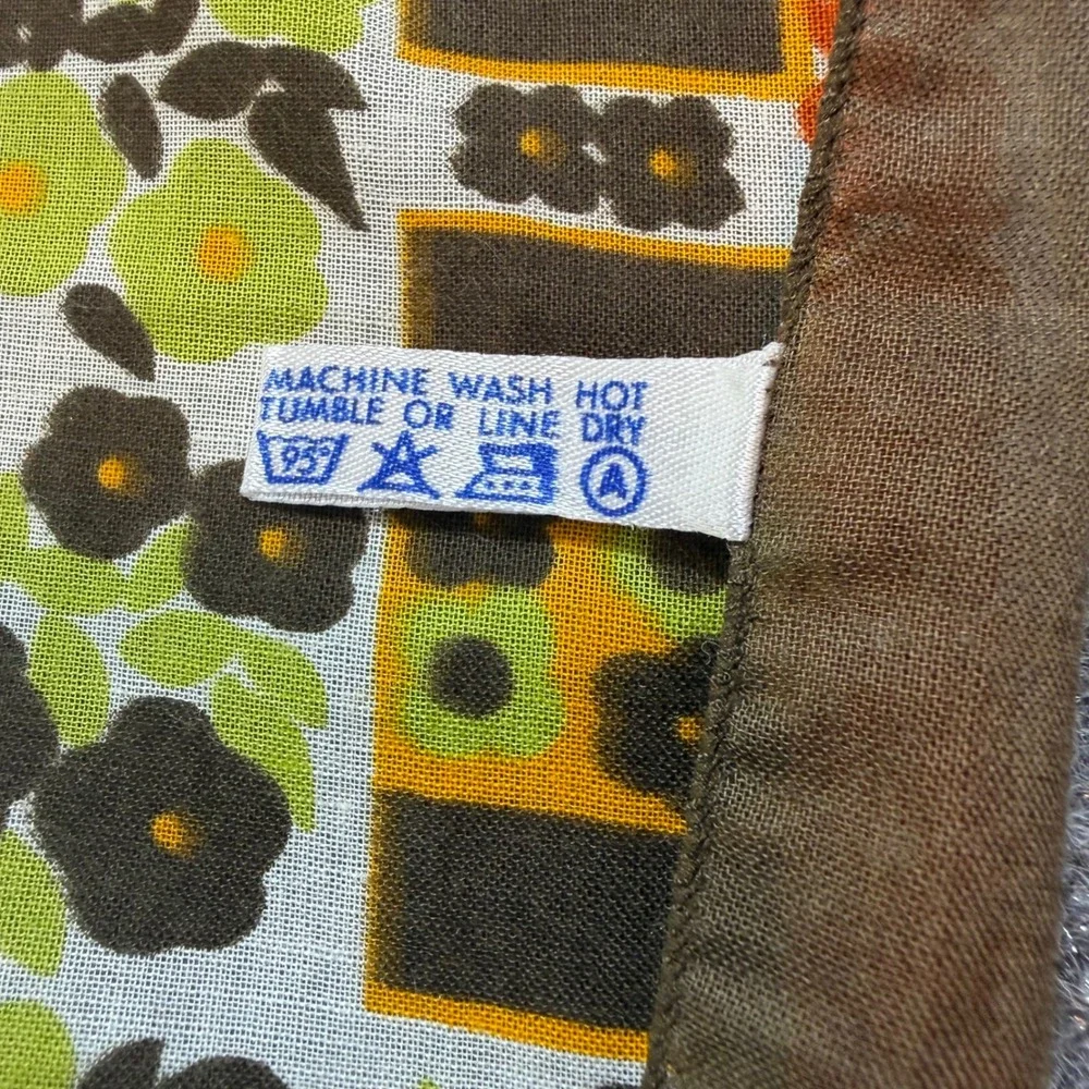 Vintage 70s Floral Geometric Cotton Scarf Made in France Brown Green Orange 21in
